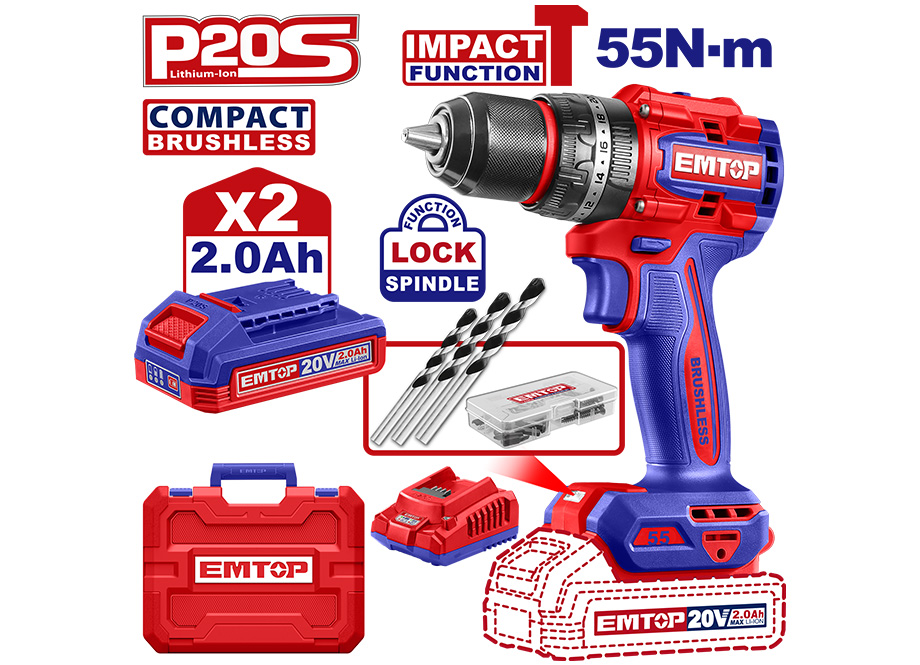 TALADRO PERCUTOR BATERIA EMTOP 20V 55NM 22+1+1 P20S (INCLUYE 2 BATERIAS 2Ah, CARGADOR, MALETIN)