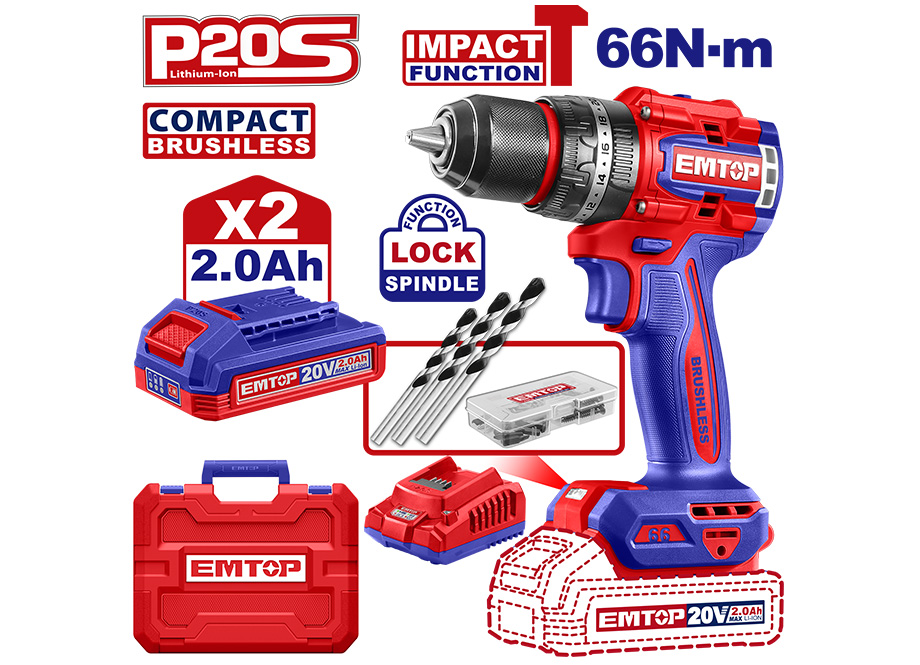 TALADRO PERCUTOR BATERIA EMTOP 20V 66NM 22+1+1 P20S (INCLUYE 2 BATERIAS, CARGADOR,  MALETIN)