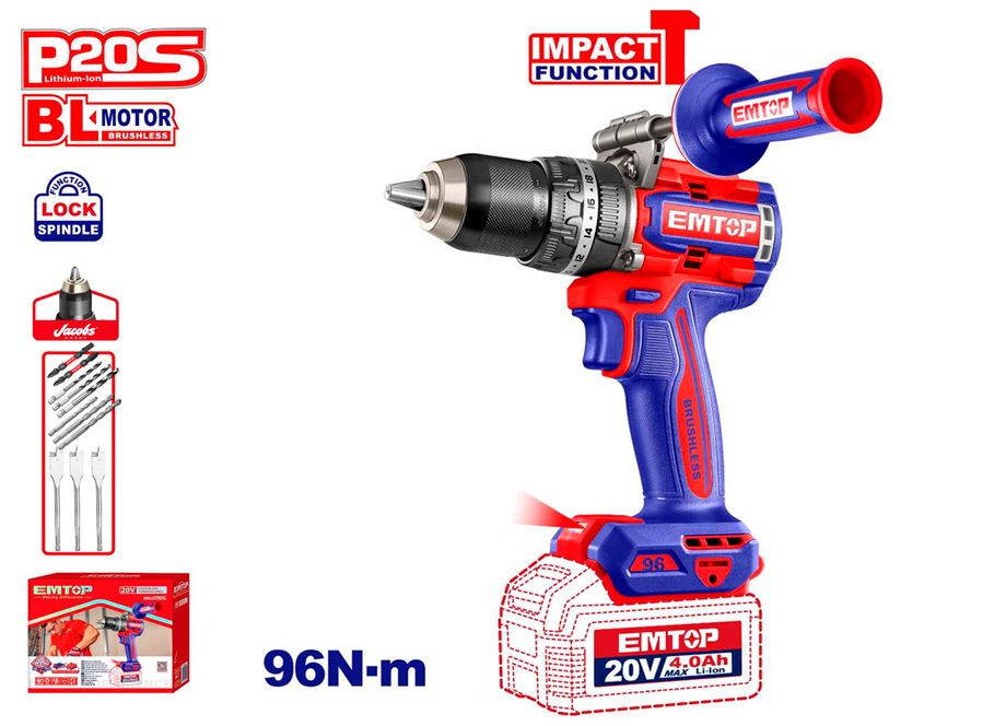 TALADRO PERCUTOR BATERIA EMTOP 20V 96NM 22+1+1 P20S
