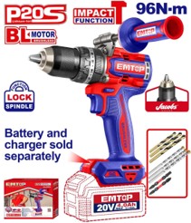 TALADRO PERCUTOR BATERIA EMTOP 20V 96NM 22+1+1 P20S