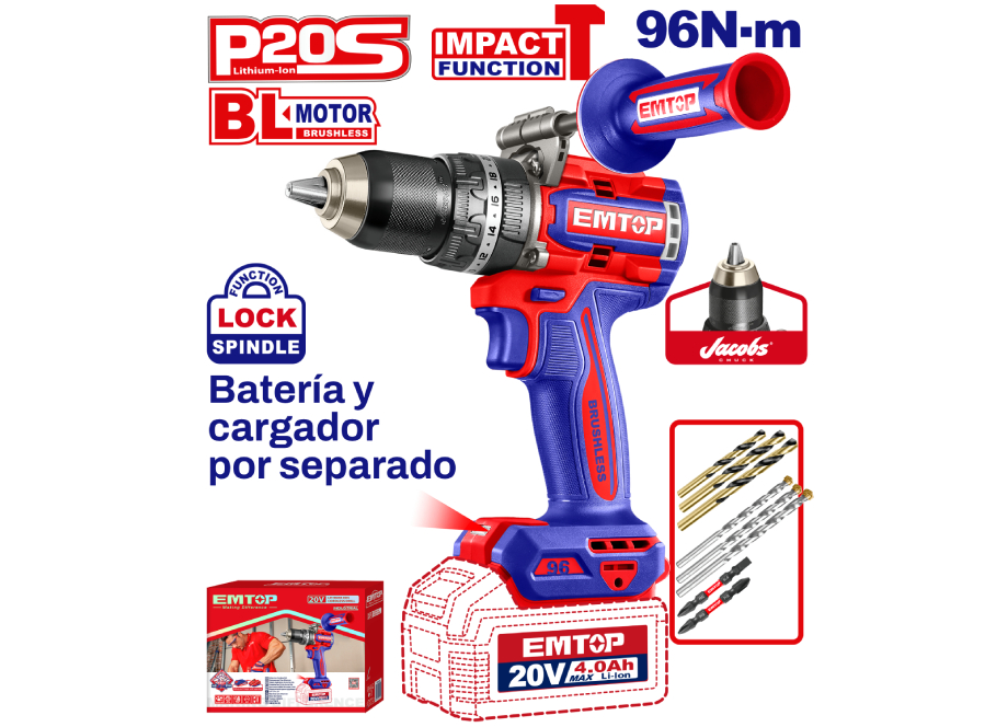 TALADRO PERCUTOR BATERIA EMTOP 20V 96NM 22+1+1 P20S