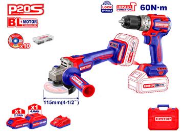 KIT BROCA + LÂMINA 20V BATERIA P20S EMTOP (COM BATERIAS 1x2.0Ah 1x4.0Ah, CARREGADOR, BOLSA)