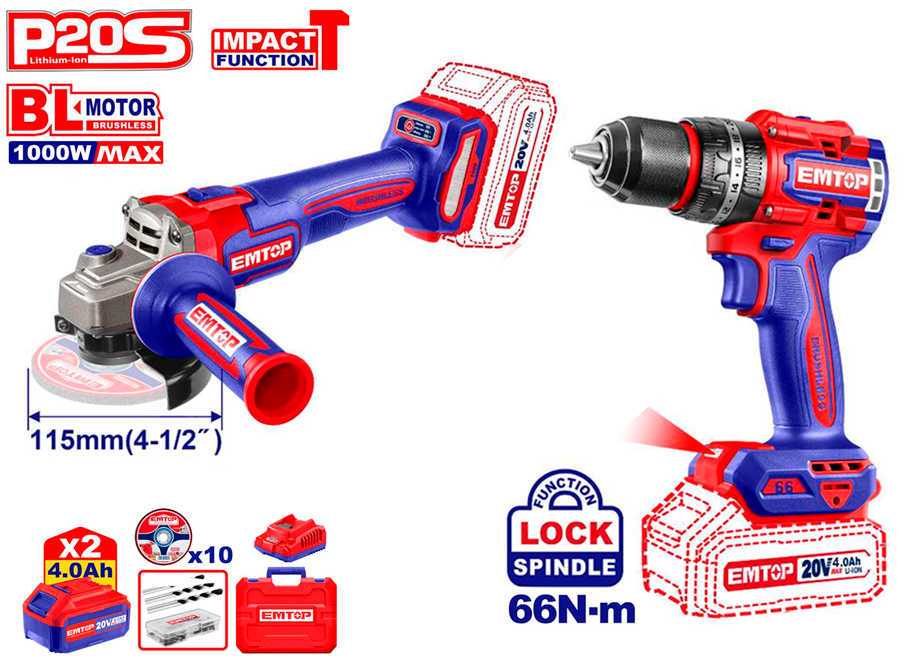 KIT TALADRO 66NM + AMOLADORA 115MM 20V BATERIA P20S EMTOP (BATERÍAS 2x4.0Ah, CARGADOR, MALETÍN)