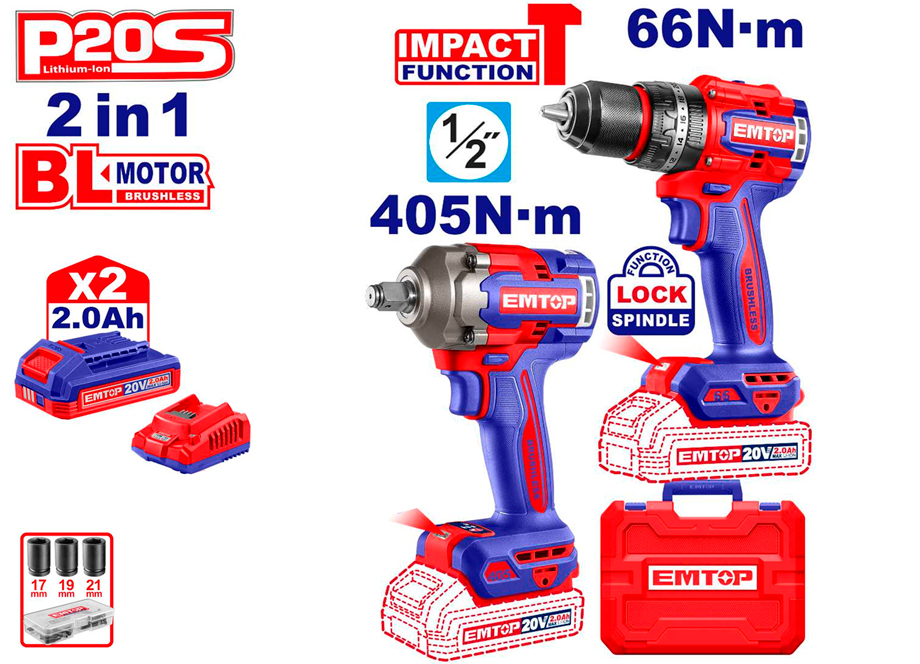 KIT TALADRO 66NM + PISTOLA IMPACTO 400NM 20V EMTOP (INCLUYE 2 BATERIAS 2Ah, CARGADOR,  MALETIN)