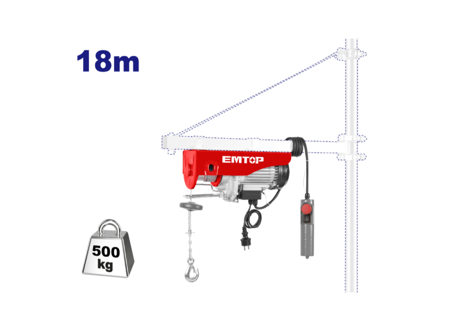 ELEKTROSEILZUG 800W - EINZELSEIL (250KG - 18M - 8M/M) DOPPELSEIL (500KG - 9M - 4M/M) EMTOP