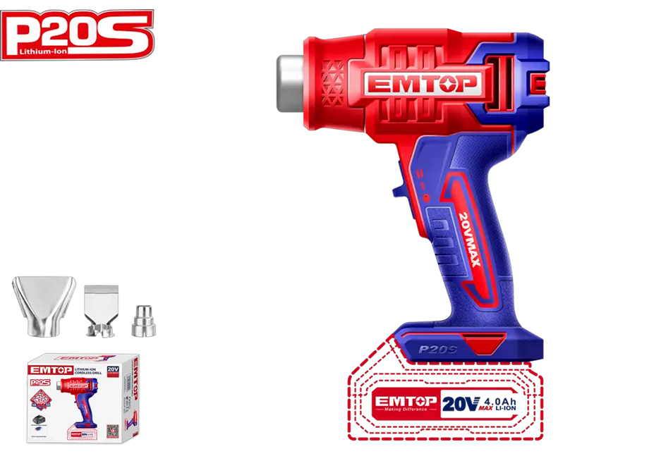 PISTOLA DE CALOR 20V EMTOP (INCLUYE 3 BOQUILLAS Y RASPADOR - SIN BATERÍA NI CARGADOR)