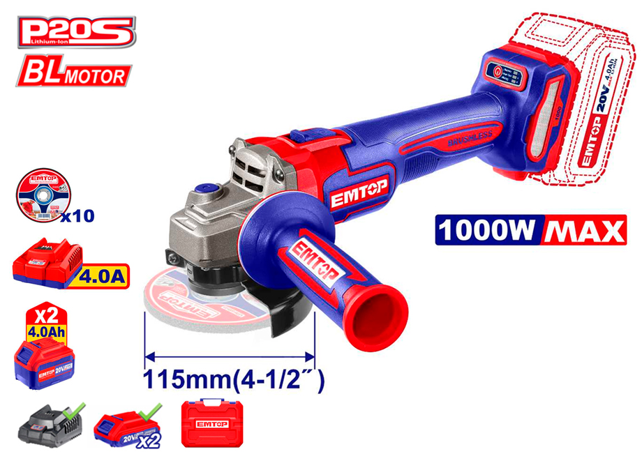 AMOLADORA 115MM M14 20V BRUSHLESS EMTOP P20S (CON 2xBAT 4.0Ah, CARGADOR, MALETIN Y 10xDISCOS)