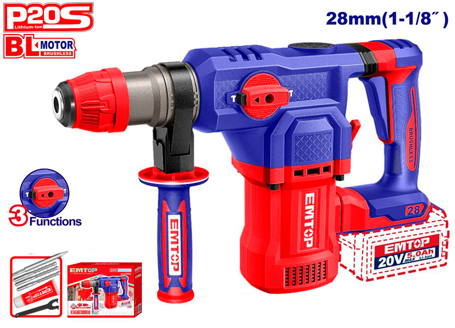 MARTILLO SDS PLUS BATERIA EMTOP 20V 4,5J 28mm P20S (INCLUYE 3 BROCAS Y 1 CINCEL)