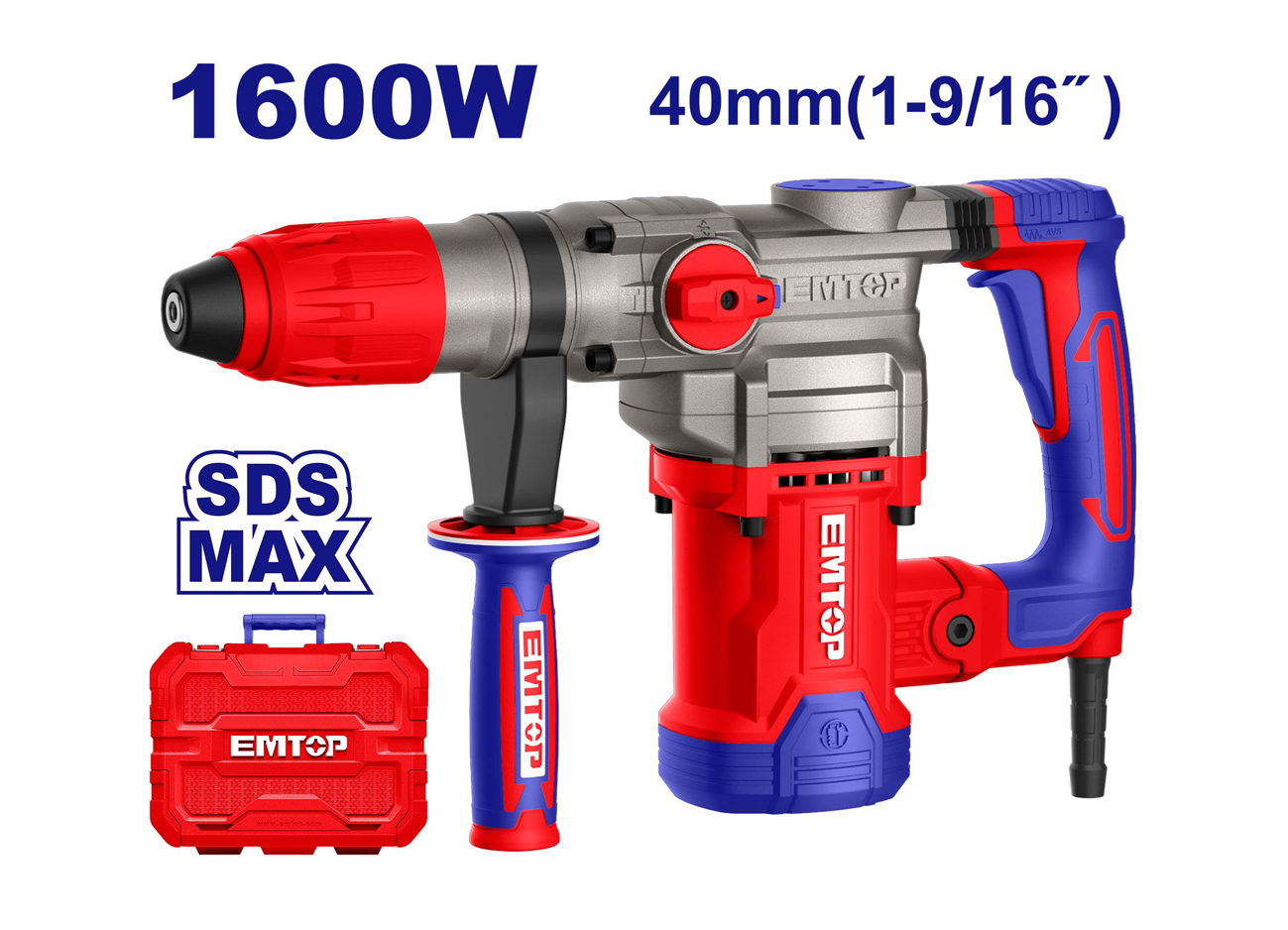 MARTILLO DEMOLICION 1600W 10J EMTOP (TIPO SDS MAX - CON MALETIN, 2 BROCAS + 2 CINCELES)