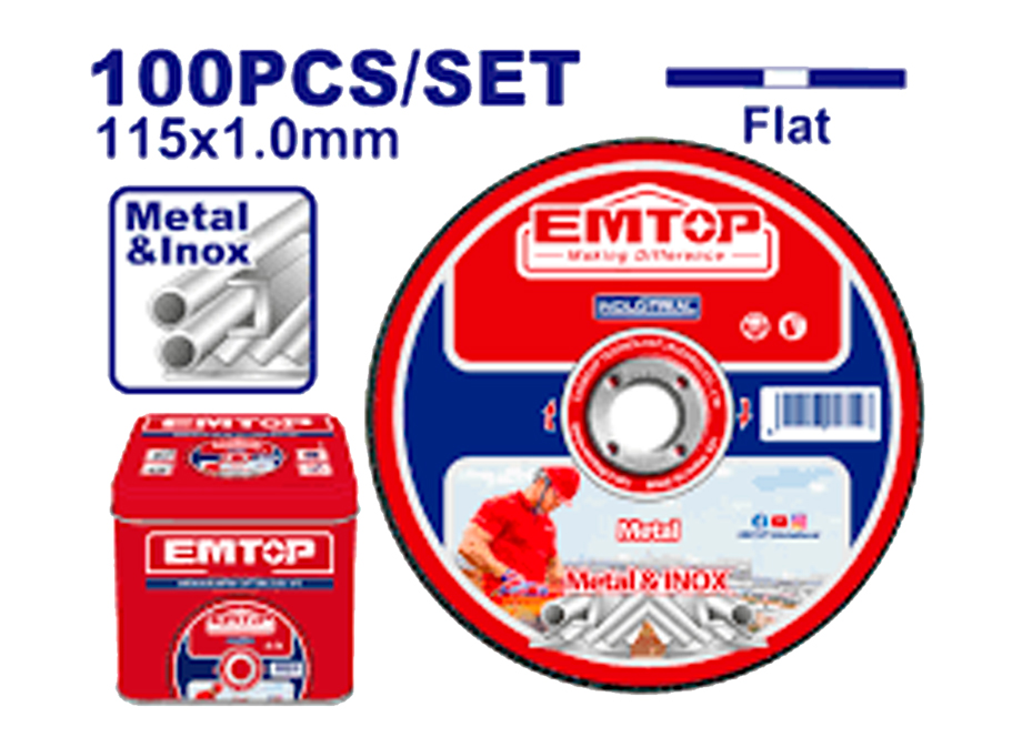 CAJA 100 DISCOS CORTE METAL AMOLADORA 115MM 1.0MM EMTOP
