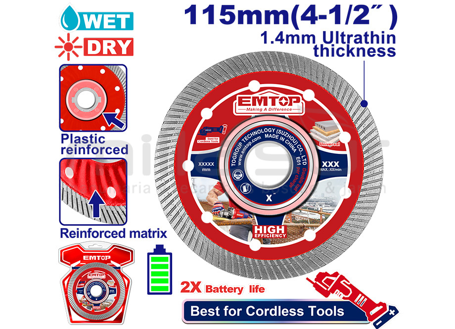 DISCO CORTE MALLA DIAMANTE ULTRAFINO PARA AZULEJO 115MM 1.5MM EMTOP