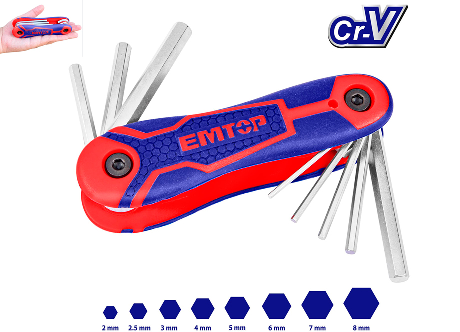 LLAVE HEXAGONAL 8PCS (2 A 8mm) Cr-V PLEGABLE EMTOP