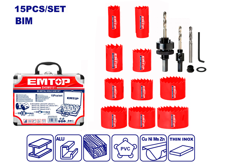 JUEGO CORONAS BIMETAL 15 PCS EMTOP (19, 22, 29, 35, 38, 44, 51, 57, 64MM)
