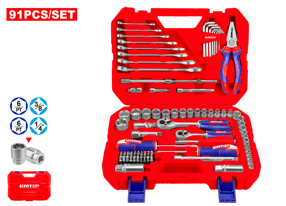 WRENCHES, PLIERS AND SOCKETS CASE 91 PIECES EMTOP