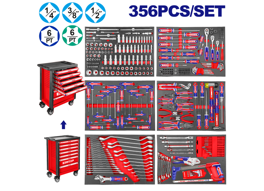 CARRO PORTAHERRAMIENTAS 7 CAJONES CON 356PCS EMTOP