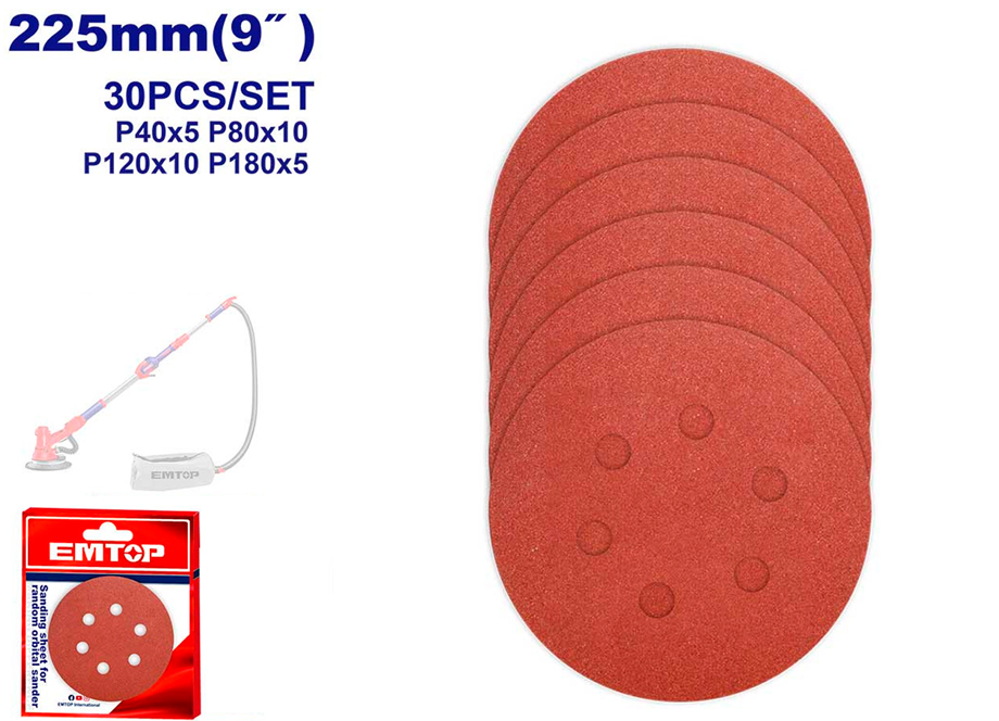 CONJUNTO 30 LIJAS VELCRO 225MM (5xP40 - 10xP80 - 10xP120 - 5xP180)