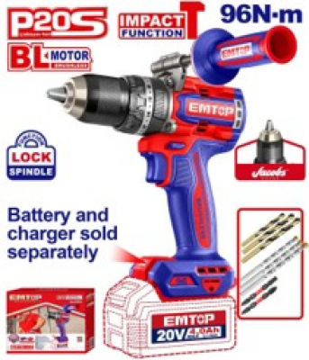 TALADRO PERCUTOR BATERIA EMTOP 20V 96NM 22+1+1 P20S
