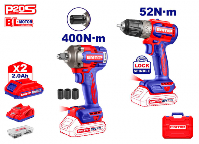 KIT TALADRO + PISTOLA IMPACTO 20V EMTOP BATERIA P20S (INCLUYE 2 BATERIAS 2Ah, CARGADOR,  MALETIN)